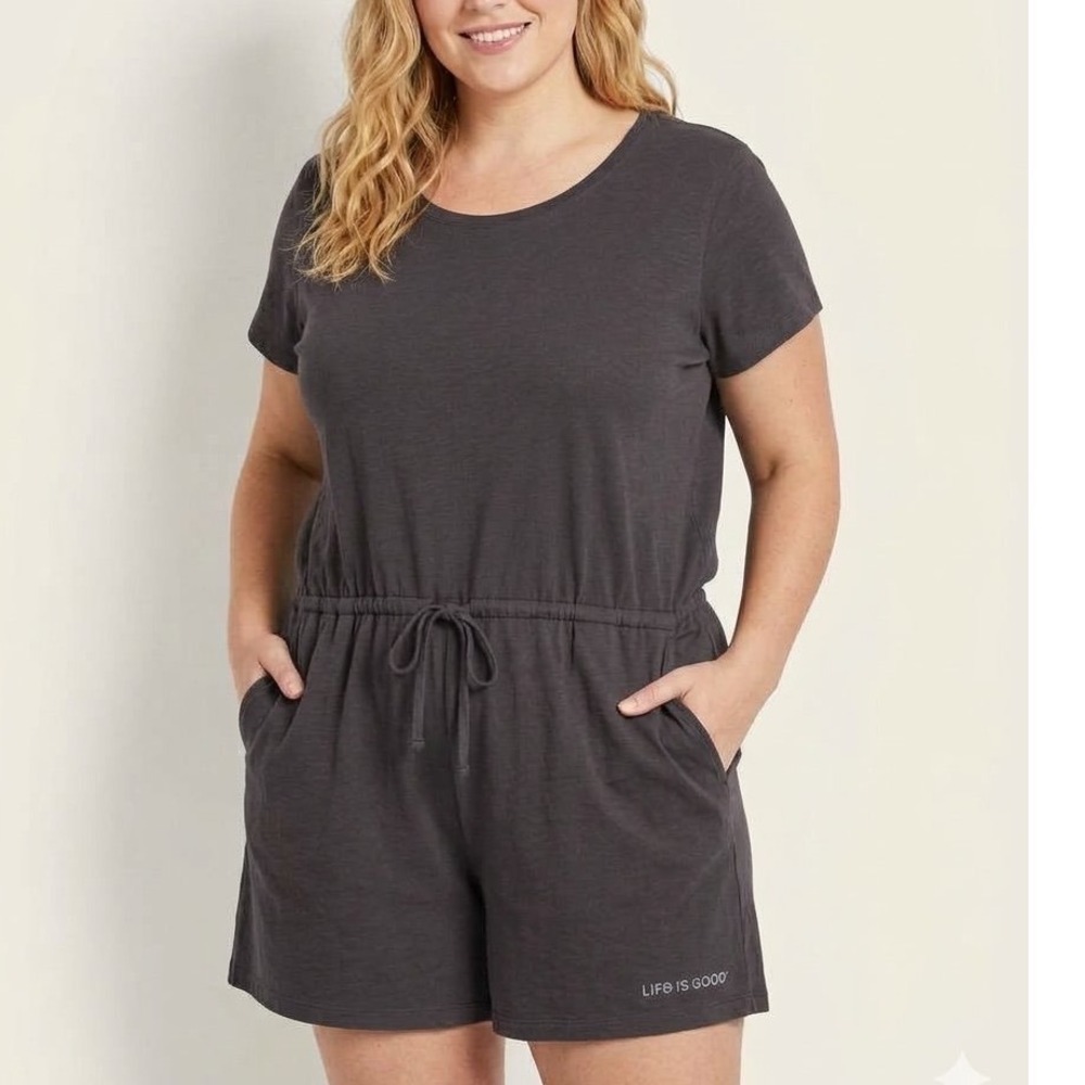 Life is Good Womens XXL charcoal Slub Cotton Drawstring Waist T-Shirt Dress